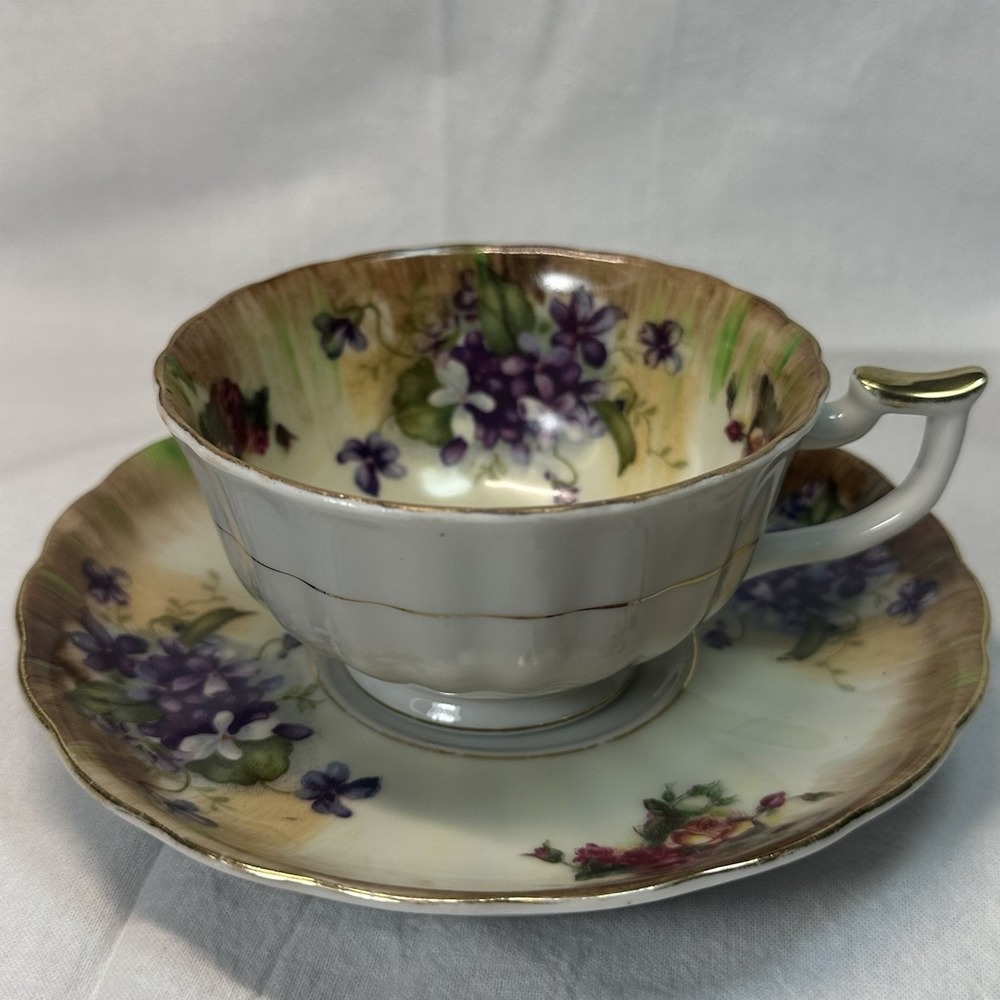 Antique Victorian Tea Cup Saucer Hand Painted Violets Roses Apricot ombré Gilt